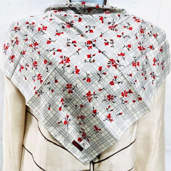 New W/Tag Burberry  Miniscarf/handker 19"Cotton Silk SilverGraycheckRed Flora(73 - Picture 1 of 9